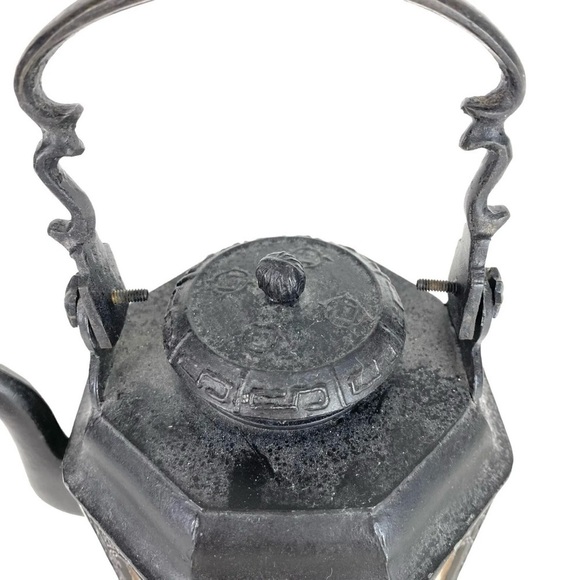 Vintage Chinese Shantou Teapot Pewter Metal Reverse Glass Painted Panels Black - Picture 14 of 16